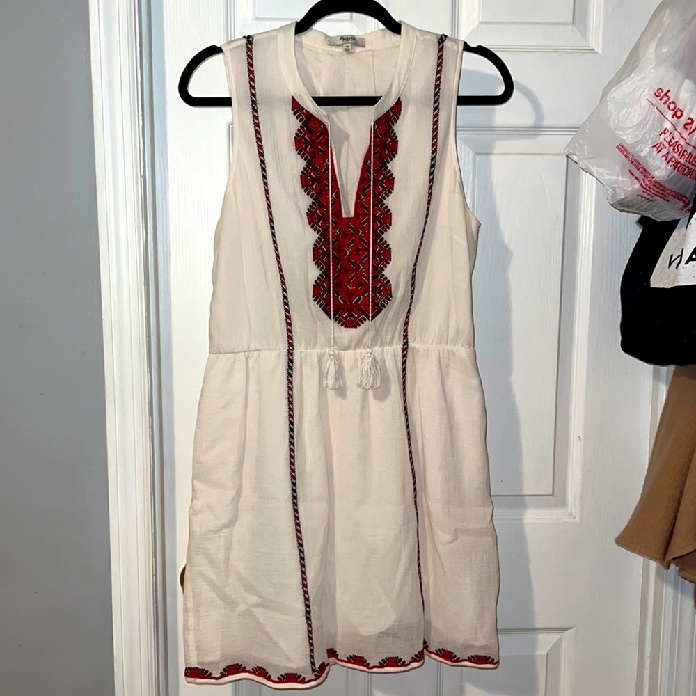 NEW White Linen Dress with Red Embroidery